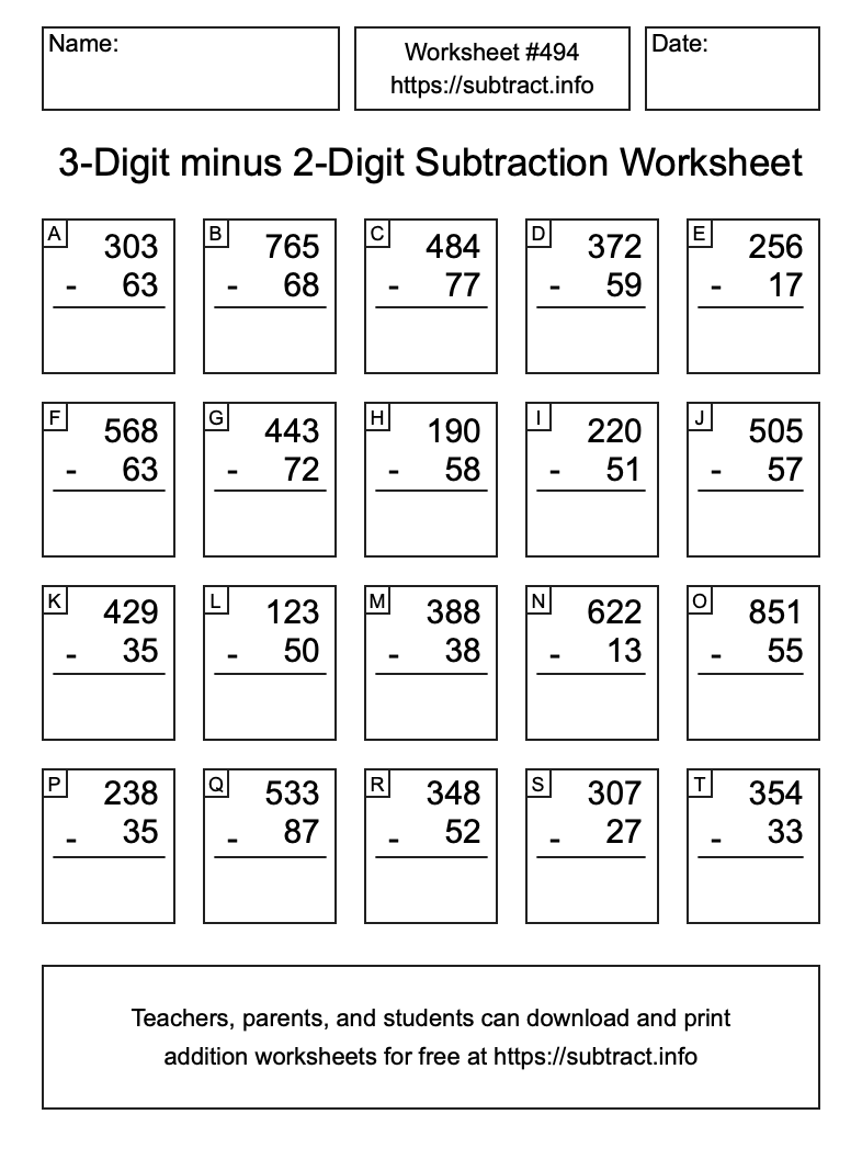 Subtraction Worksheet #494 (3-Digit minus 2-Digit)