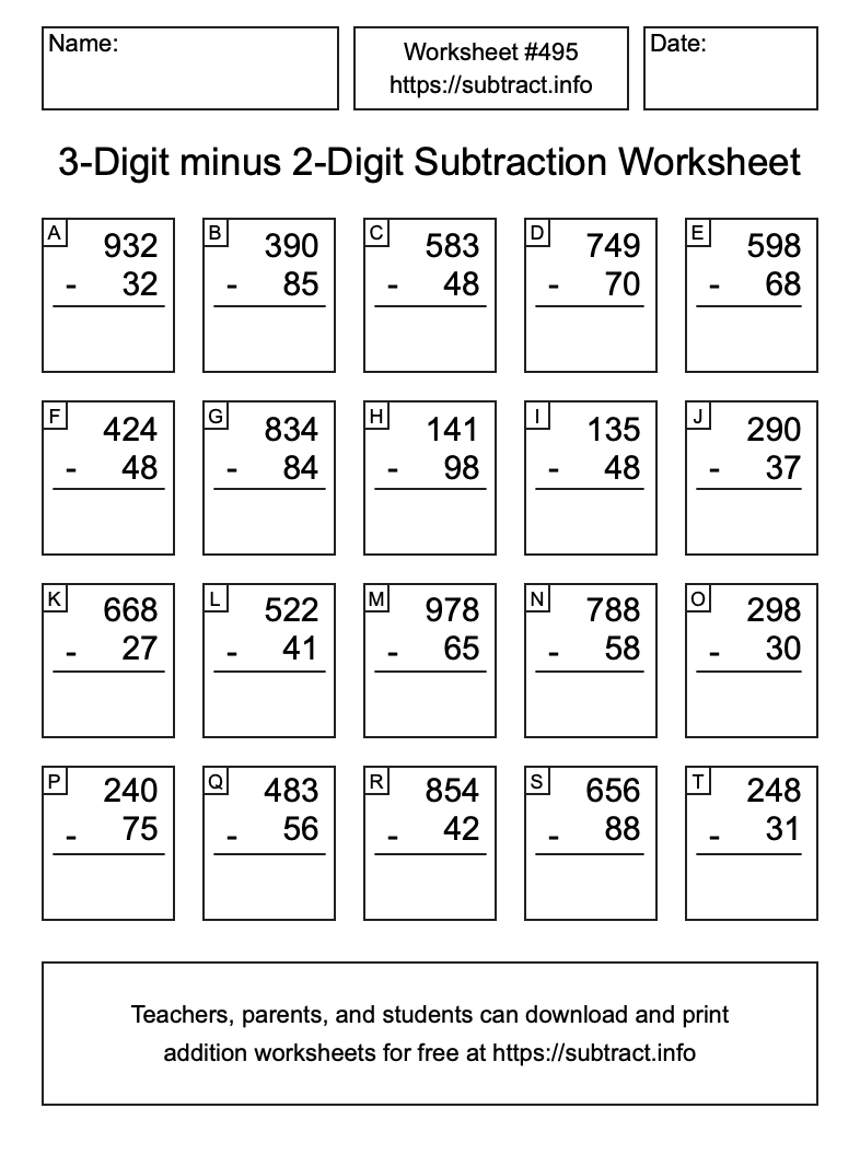 Subtraction Worksheet #495 (3-Digit minus 2-Digit)