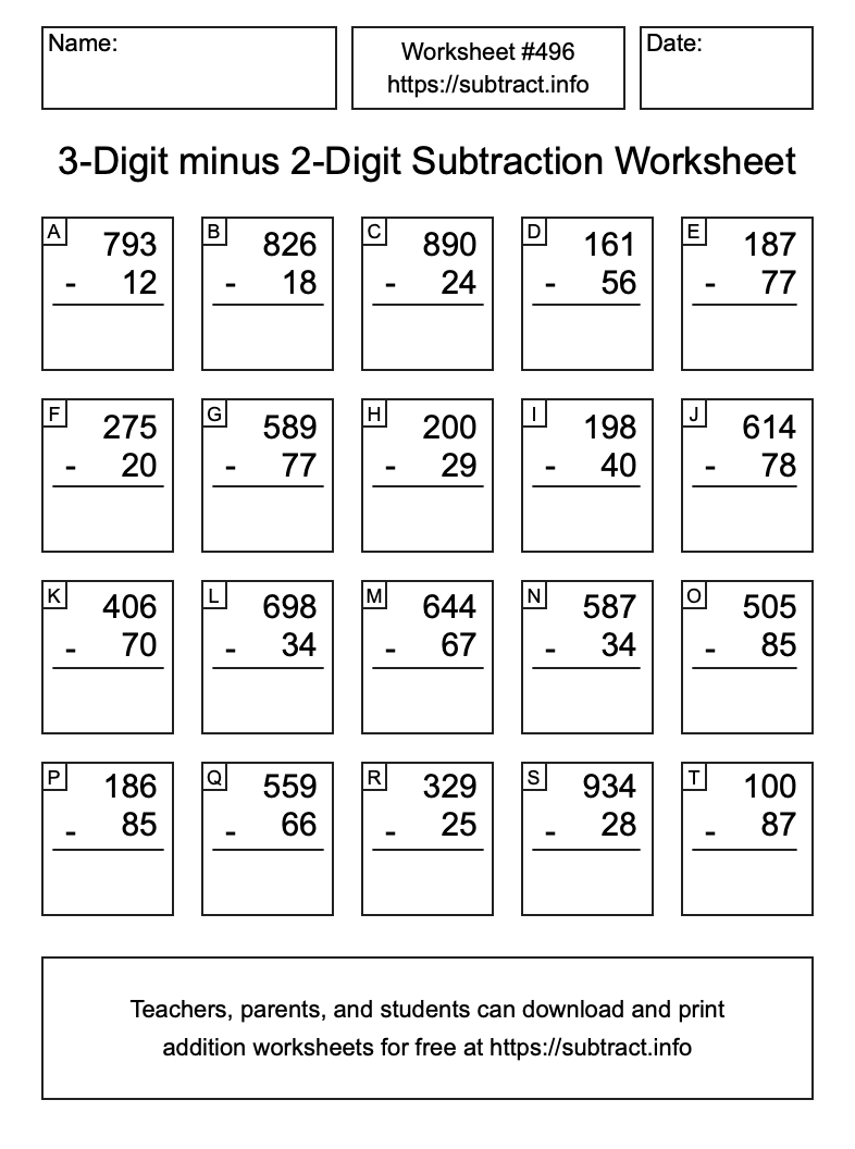 Subtraction Worksheet #496 (3-Digit minus 2-Digit)