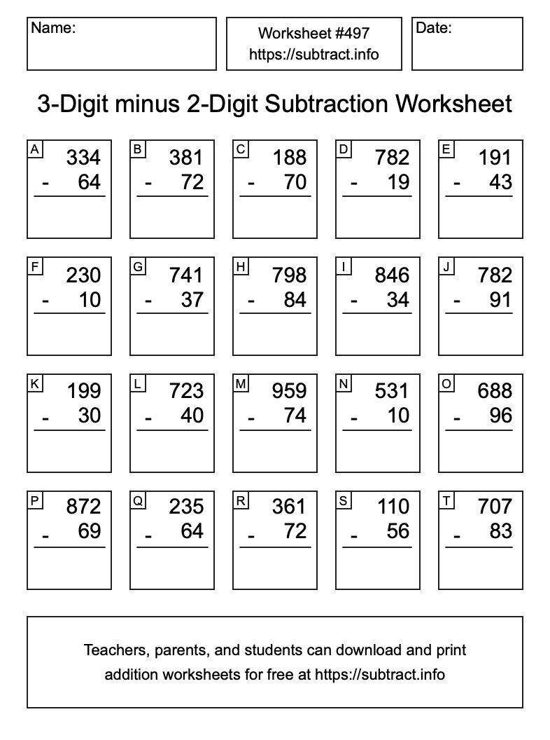Subtraction Worksheet #497 (3-Digit minus 2-Digit)