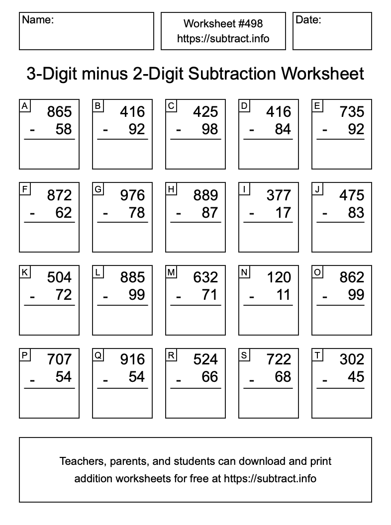Subtraction Worksheet #498 (3-Digit minus 2-Digit)