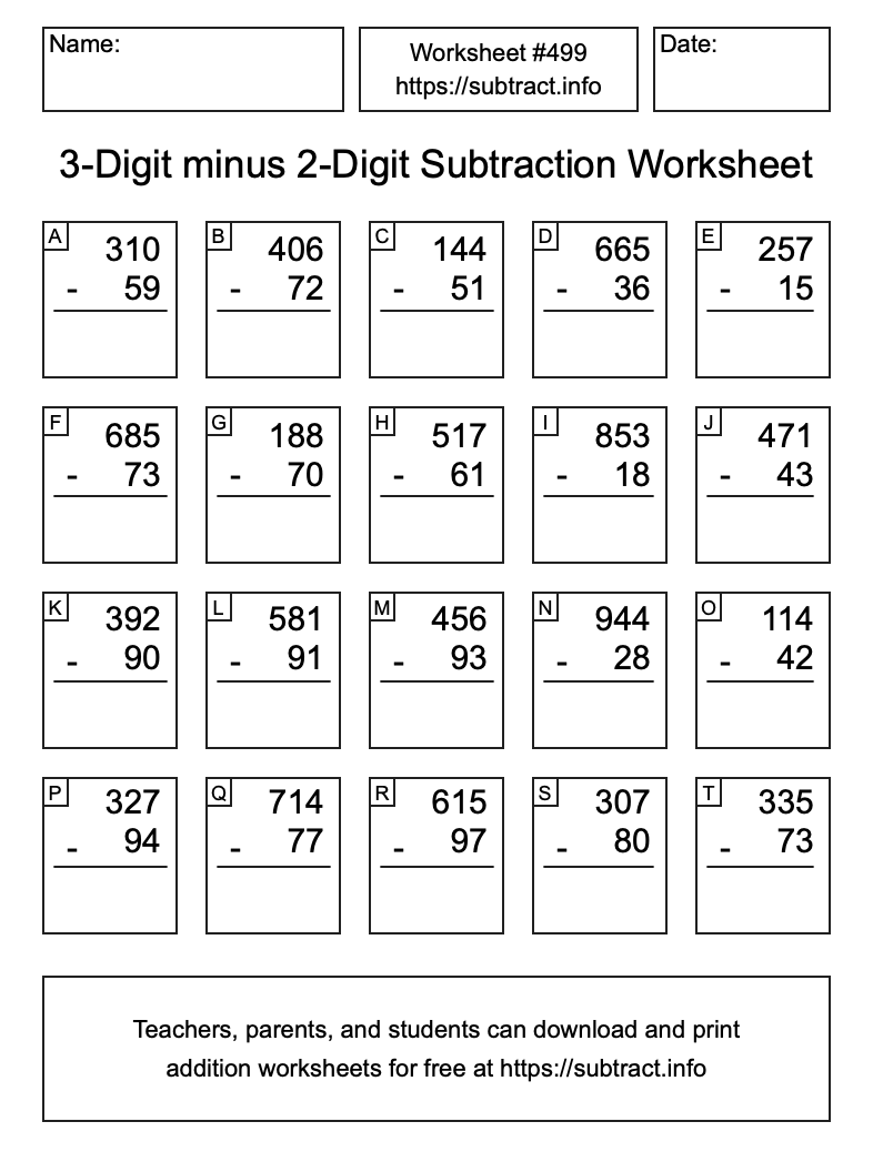 Subtraction Worksheet #499 (3-Digit minus 2-Digit)