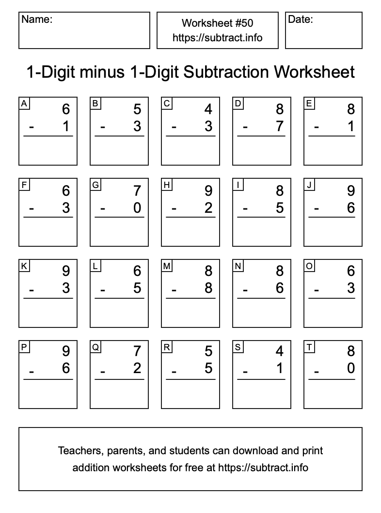 Subtraction Worksheet #50 (1-Digit minus 1-Digit)