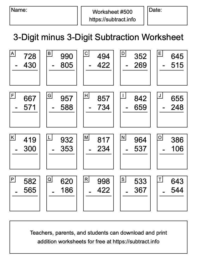 Subtraction Worksheet #500 (3-Digit minus 3-Digit)