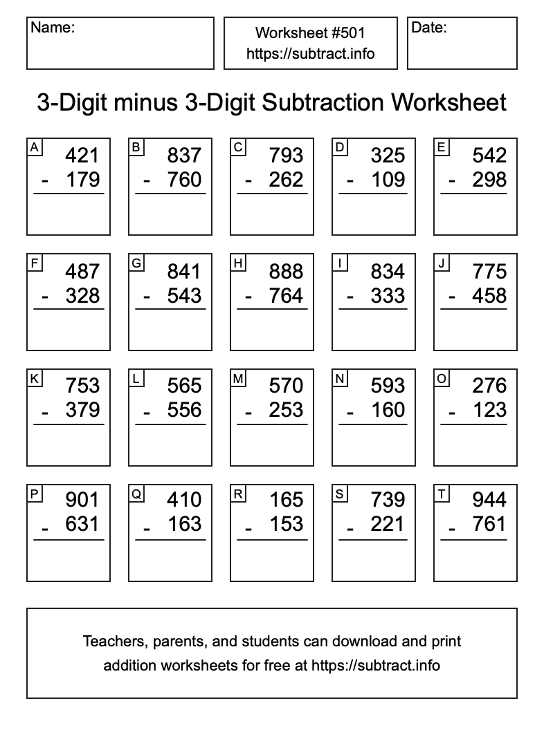 Subtraction Worksheet #501 (3-Digit minus 3-Digit)