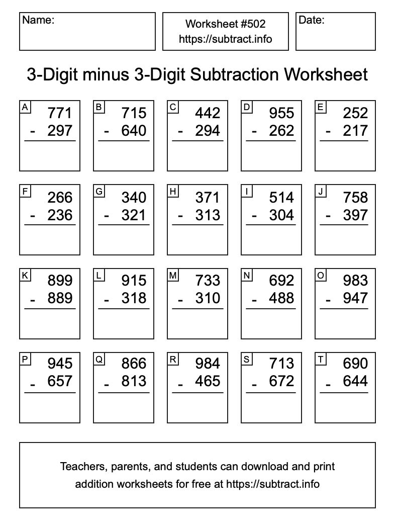 Subtraction Worksheet #502 (3-Digit minus 3-Digit)