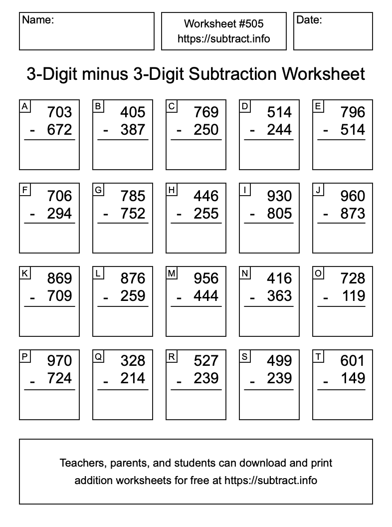 Subtraction Worksheet #505 (3-Digit minus 3-Digit)