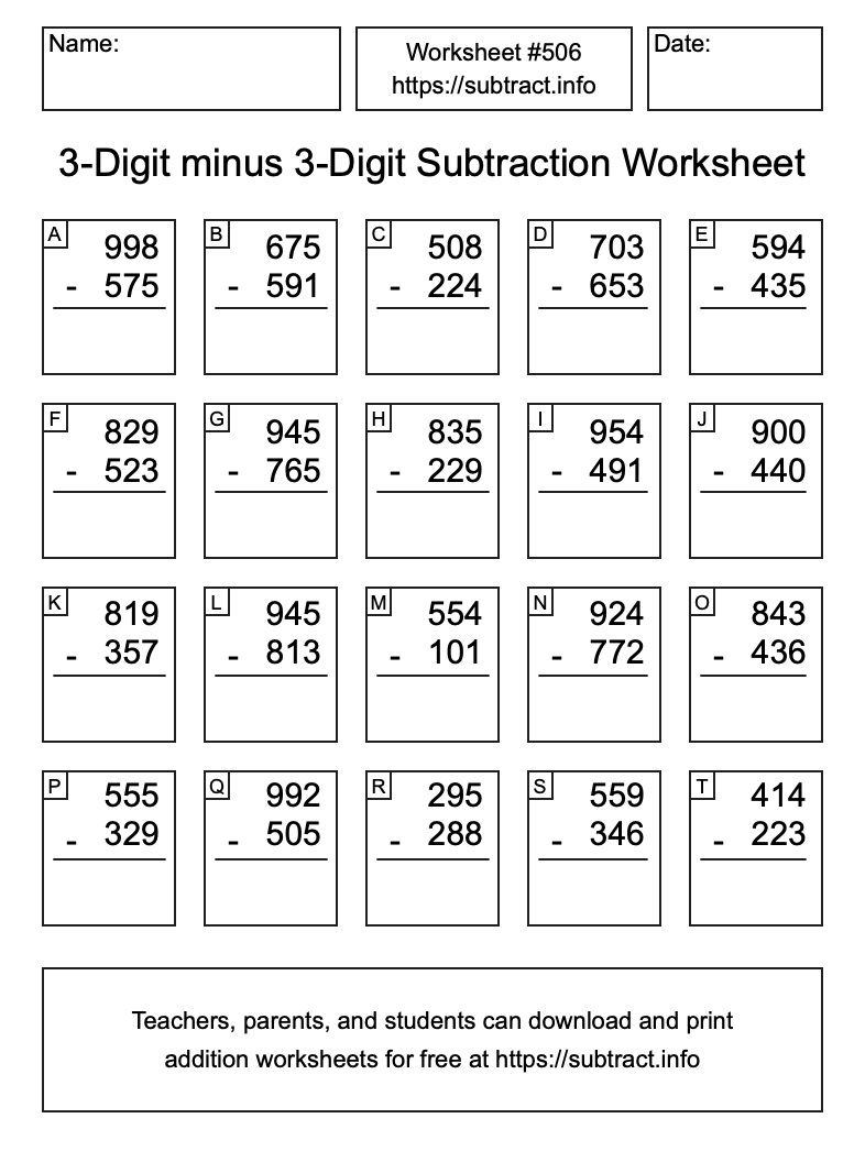 Subtraction Worksheet #506 (3-Digit minus 3-Digit)