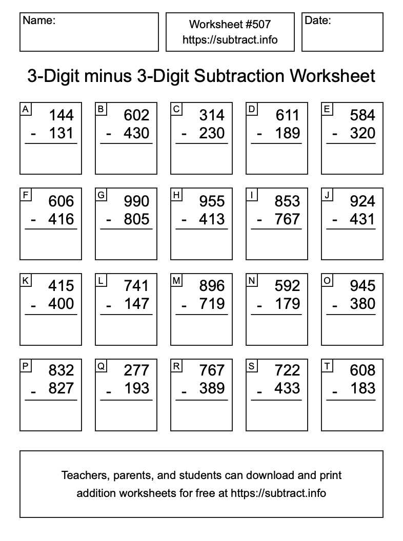 Subtraction Worksheet #507 (3-Digit minus 3-Digit)