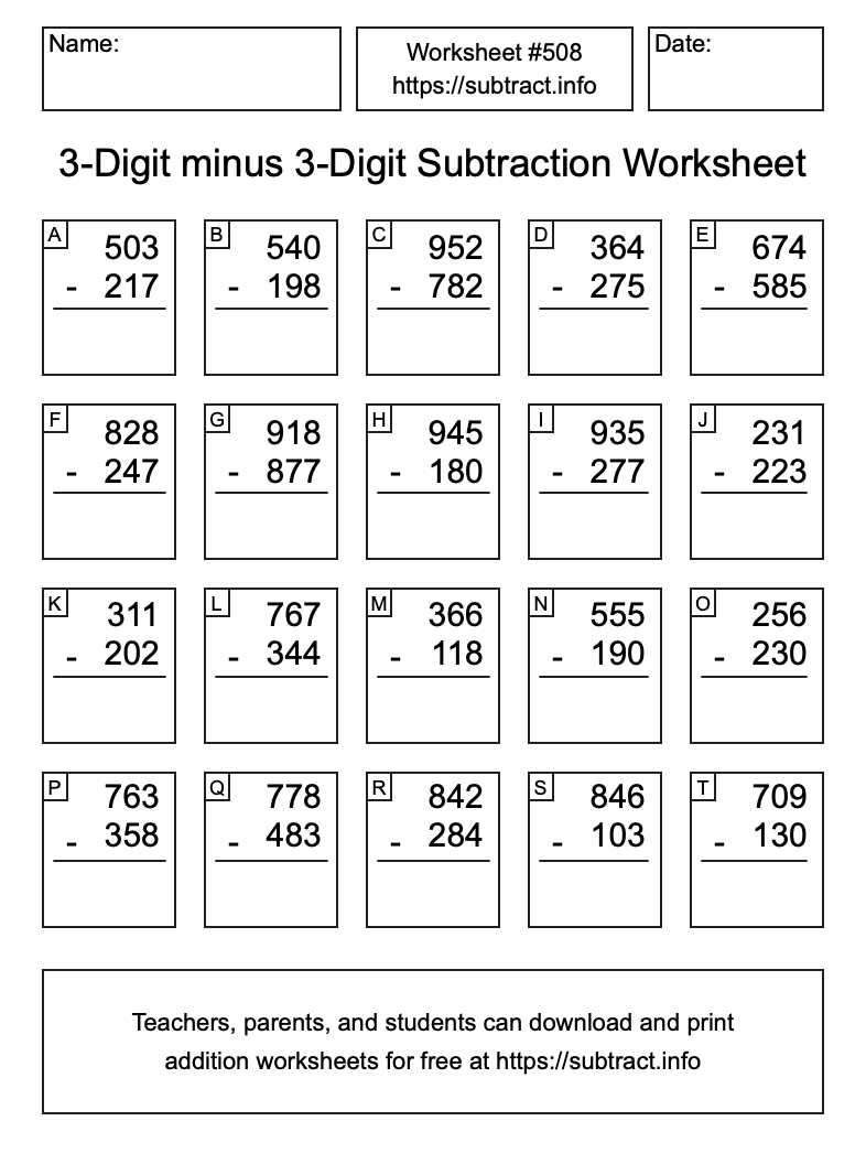 Subtraction Worksheet #508 (3-Digit minus 3-Digit)