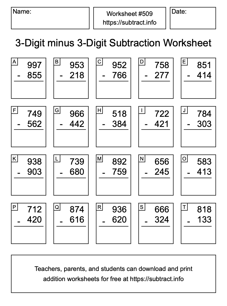 Subtraction Worksheet #509 (3-Digit minus 3-Digit)