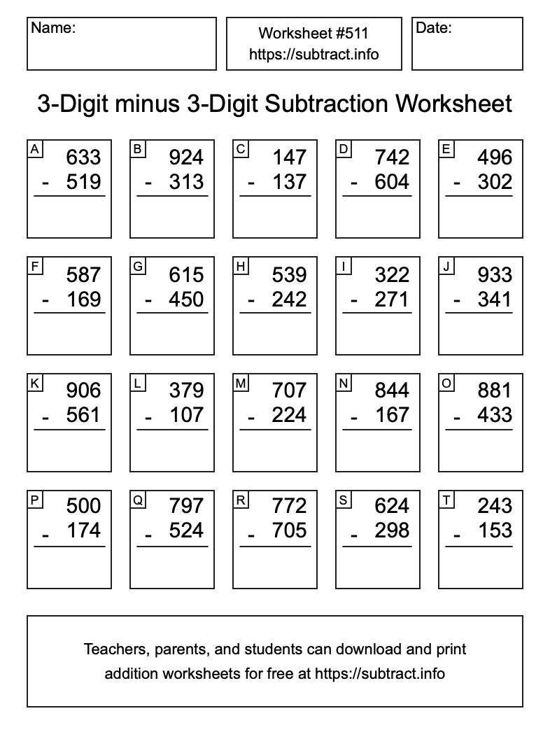 Subtraction Worksheet #511 (3-Digit minus 3-Digit)