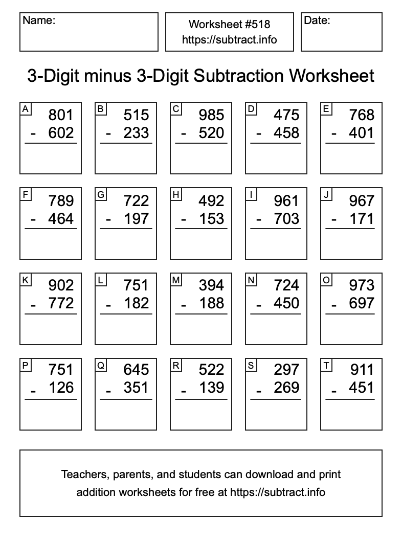 Subtraction Worksheet #518 (3-Digit minus 3-Digit)