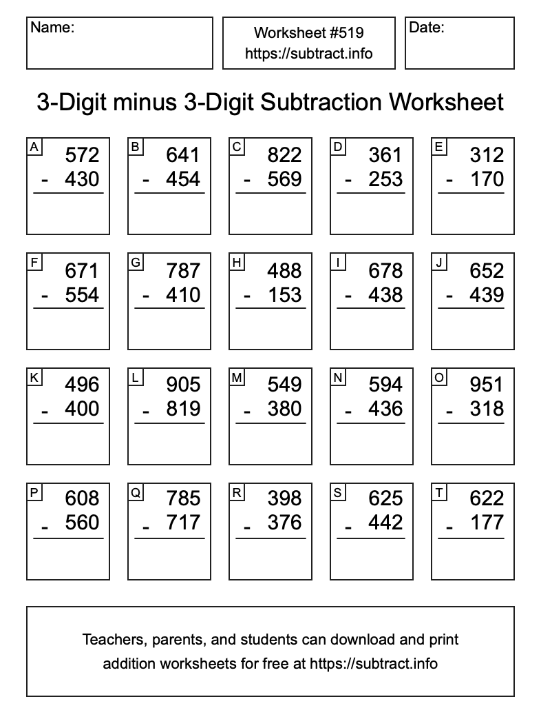 Subtraction Worksheet #519 (3-Digit minus 3-Digit)