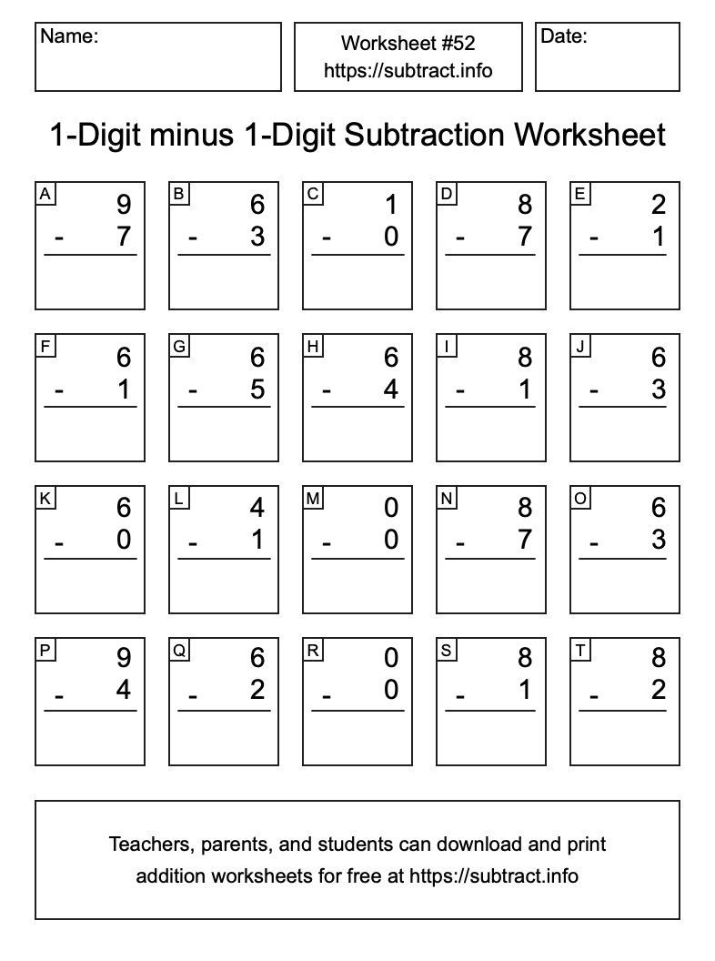 Subtraction Worksheet #52 (1-Digit minus 1-Digit)
