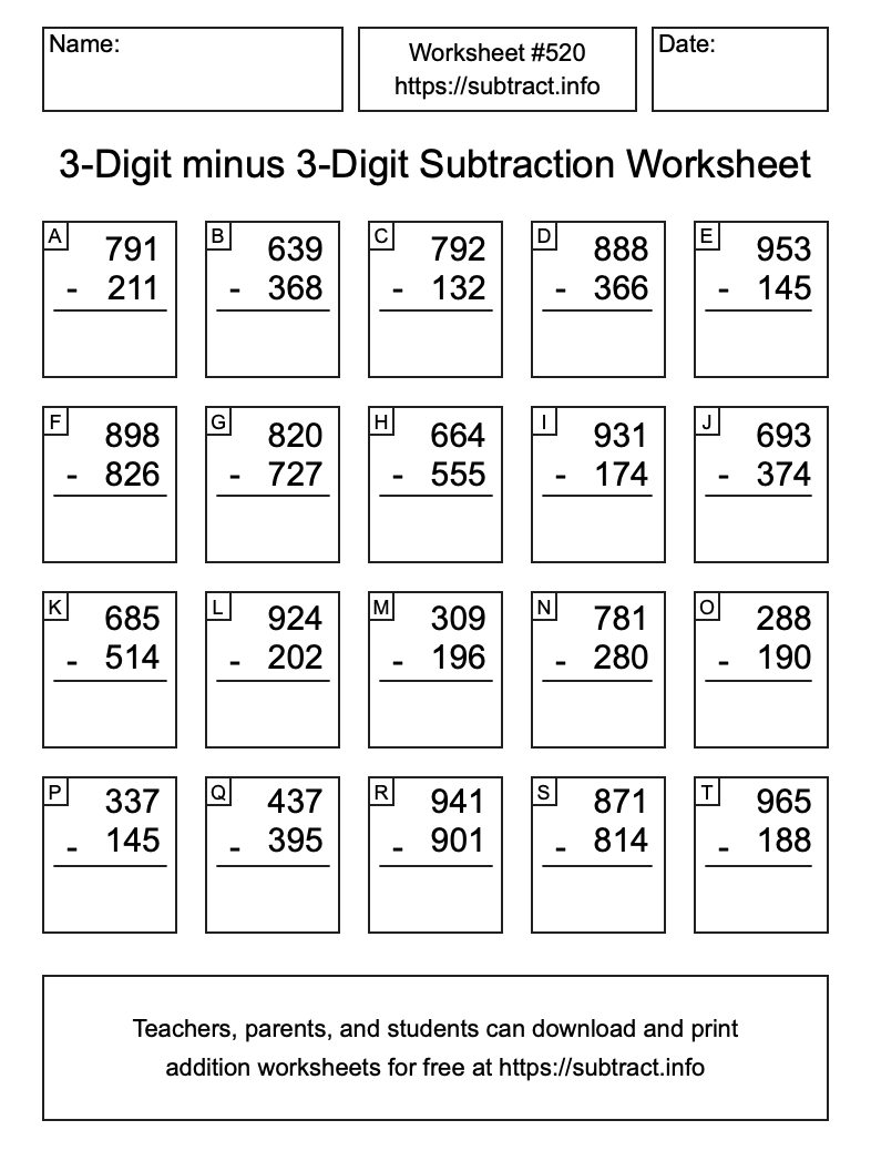 Subtraction Worksheet #520 (3-Digit minus 3-Digit)