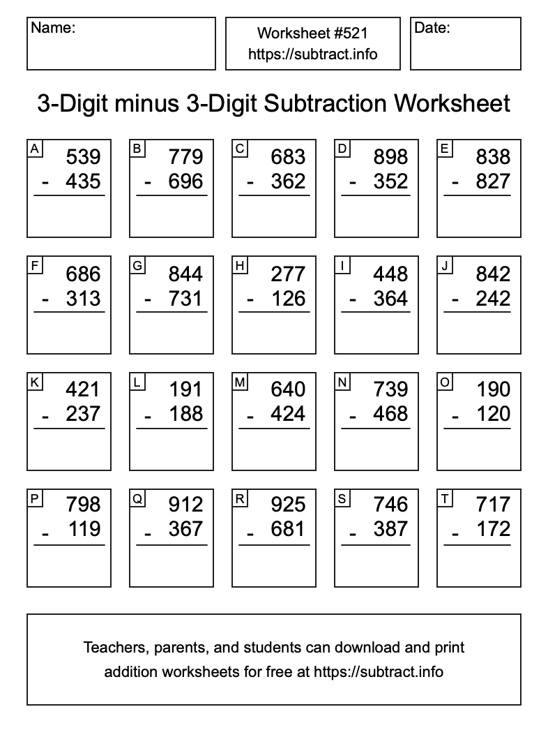 Subtraction Worksheet #521 (3-Digit minus 3-Digit)