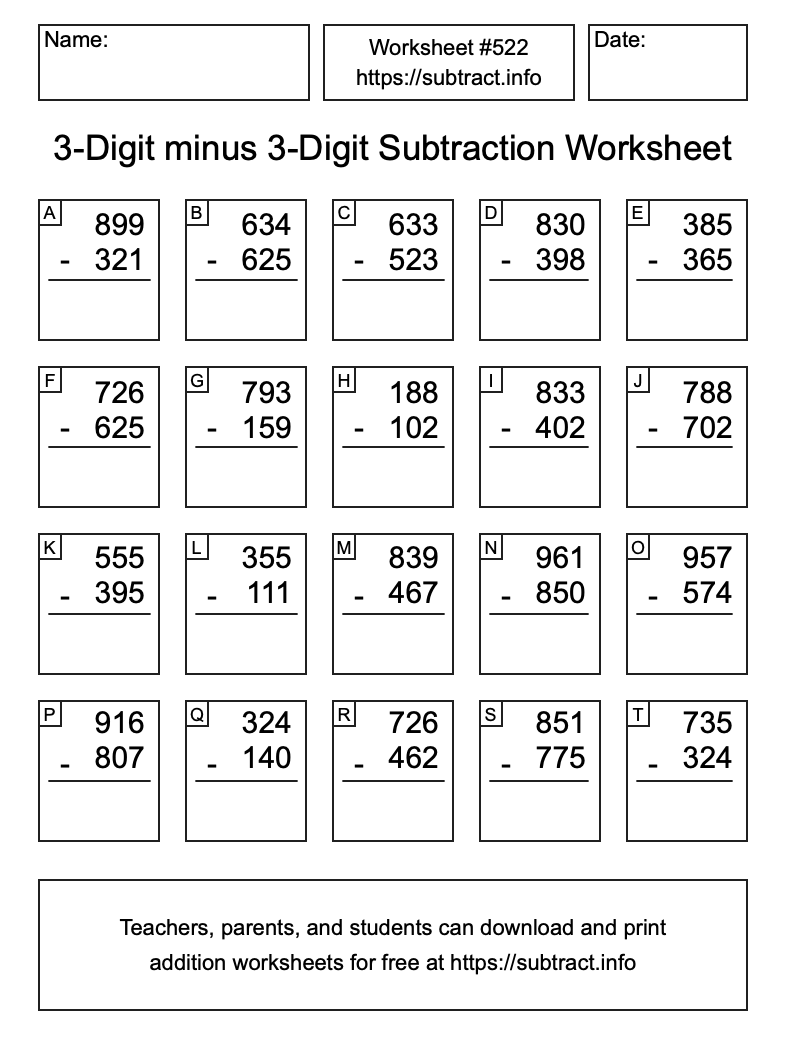 Subtraction Worksheet #522 (3-Digit minus 3-Digit)