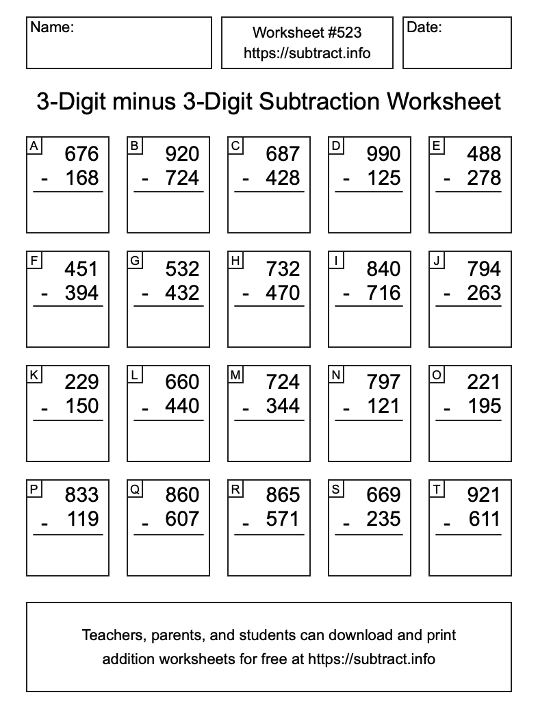 Subtraction Worksheet #523 (3-Digit minus 3-Digit)
