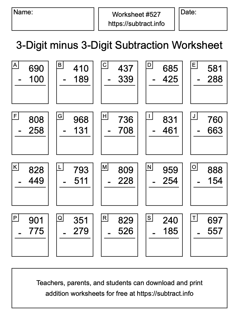 Subtraction Worksheet #527 (3-Digit minus 3-Digit)