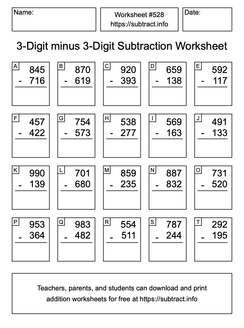 Subtraction Worksheet #528 (3-Digit minus 3-Digit)