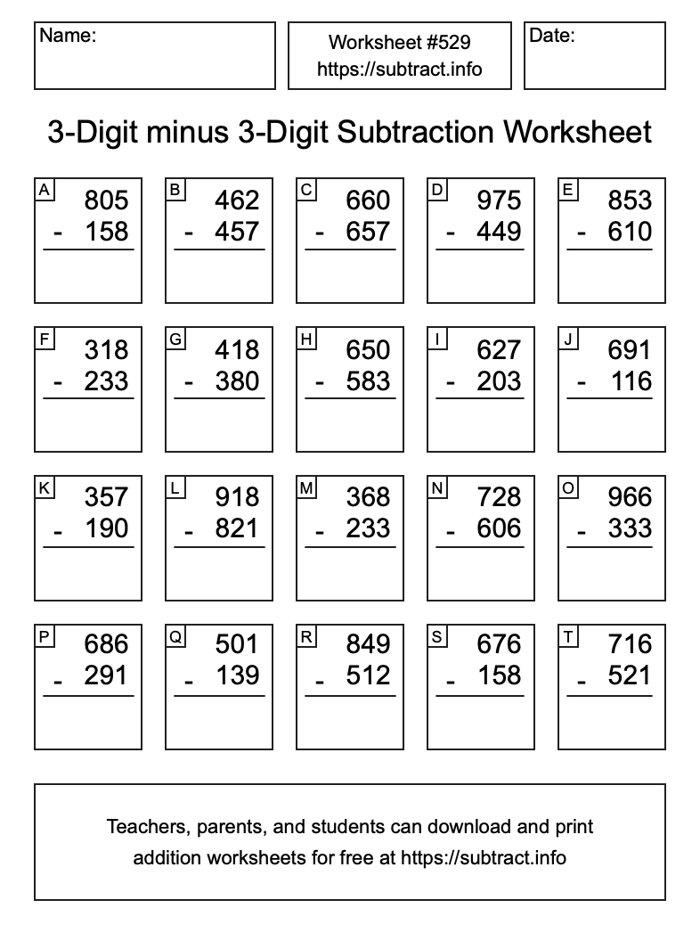 Subtraction Worksheet #529 (3-Digit minus 3-Digit)
