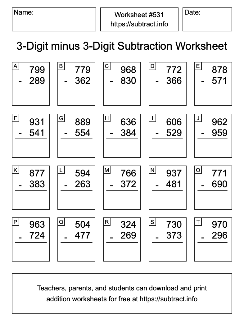 Subtraction Worksheet #531 (3-Digit minus 3-Digit)