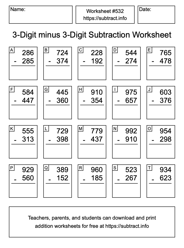 Subtraction Worksheet #532 (3-Digit minus 3-Digit)