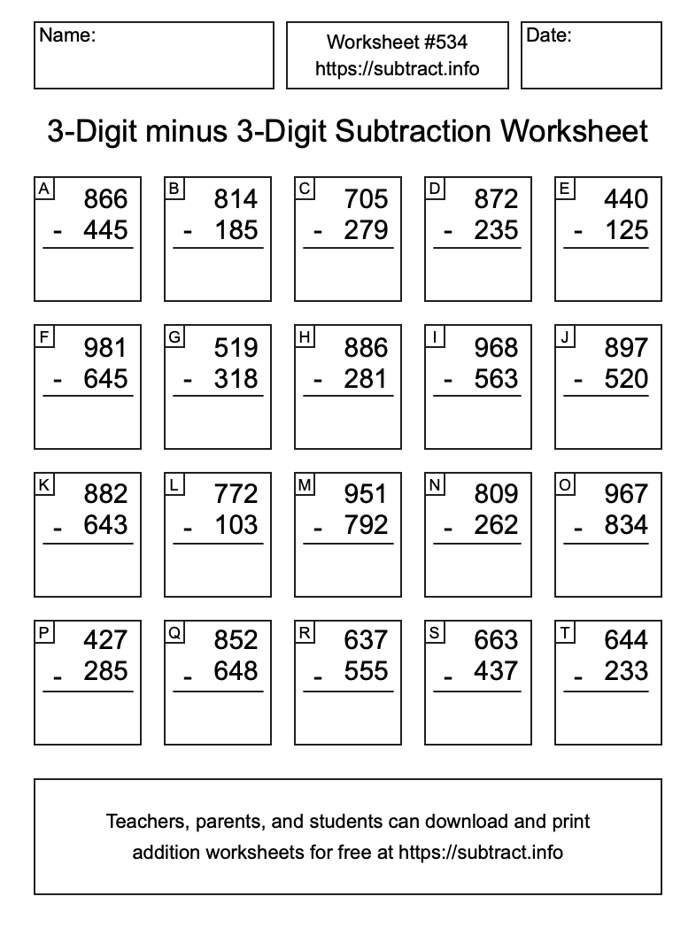 Subtraction Worksheet #534 (3-Digit minus 3-Digit)