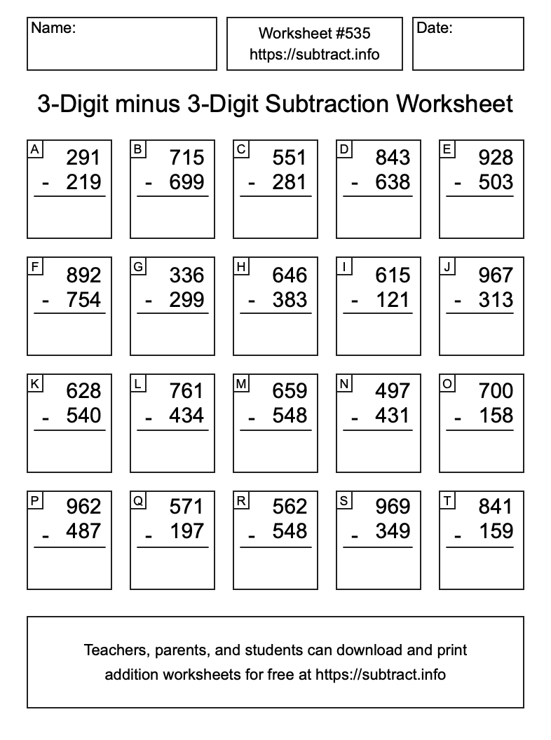 Subtraction Worksheet #535 (3-Digit minus 3-Digit)