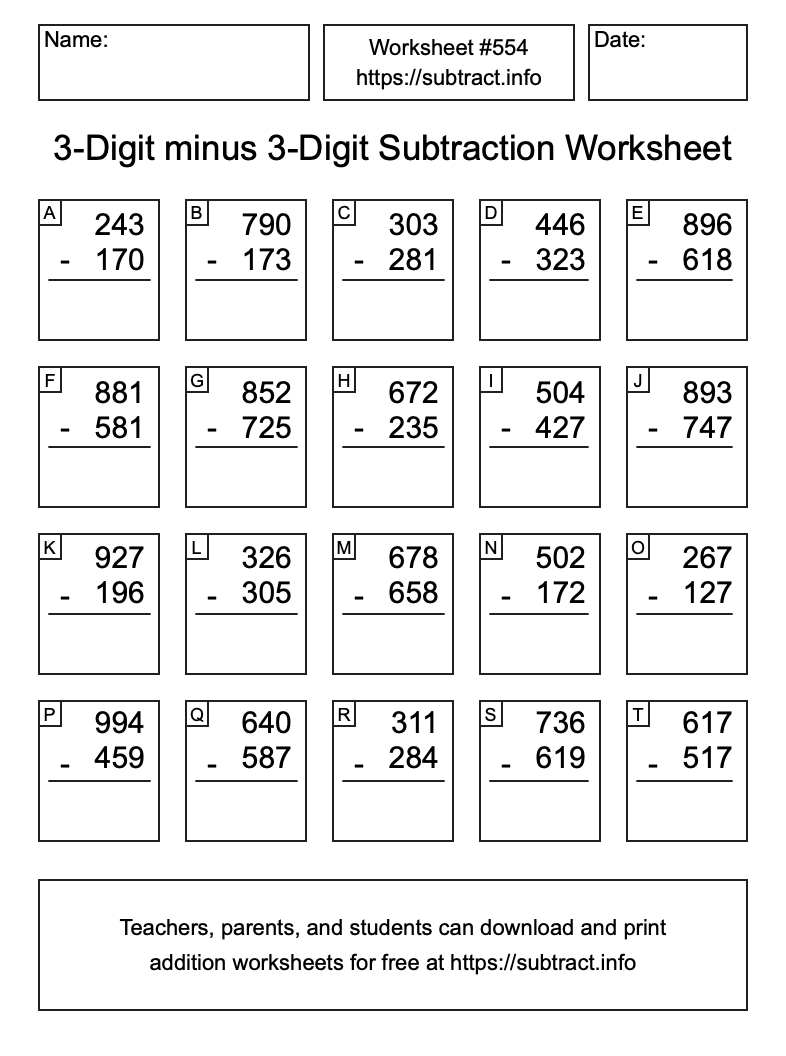 Subtraction Worksheet #554 (3-Digit minus 3-Digit)