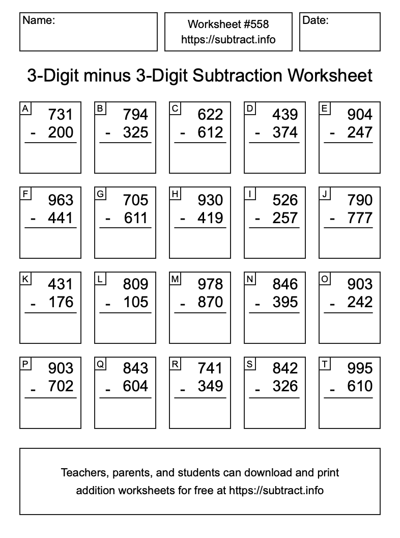 Subtraction Worksheet #558 (3-Digit minus 3-Digit)