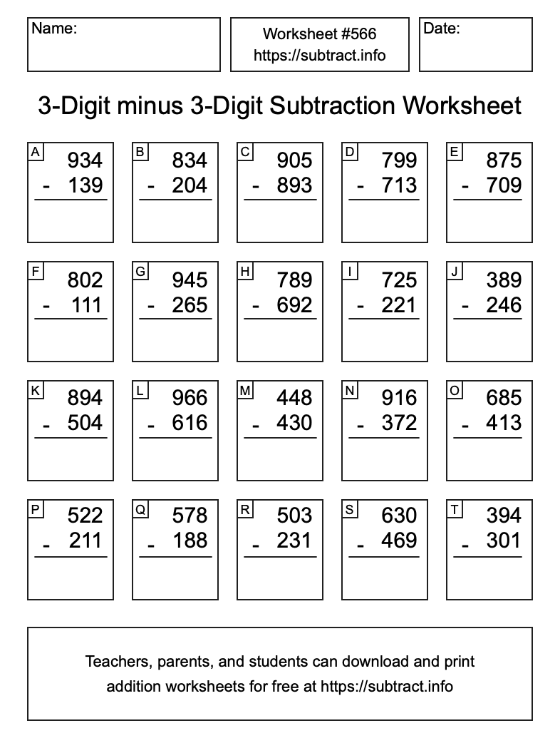 Subtraction Worksheet #566 (3-Digit minus 3-Digit)