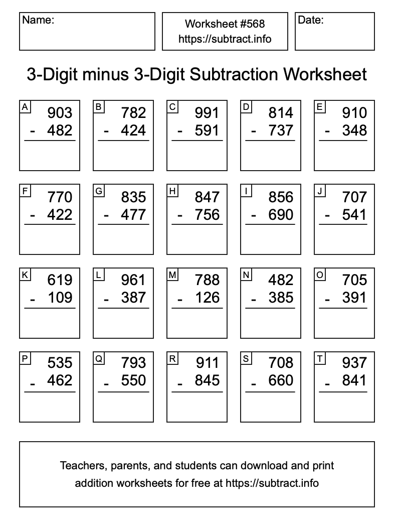 Subtraction Worksheet #568 (3-Digit minus 3-Digit)