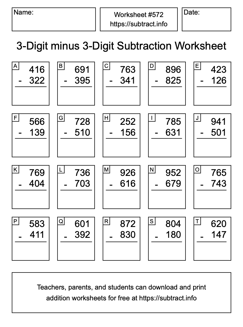 Subtraction Worksheet #572 (3-Digit minus 3-Digit)