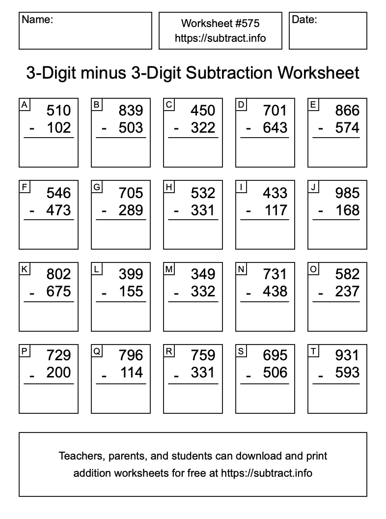 Subtraction Worksheet #575 (3-Digit minus 3-Digit)