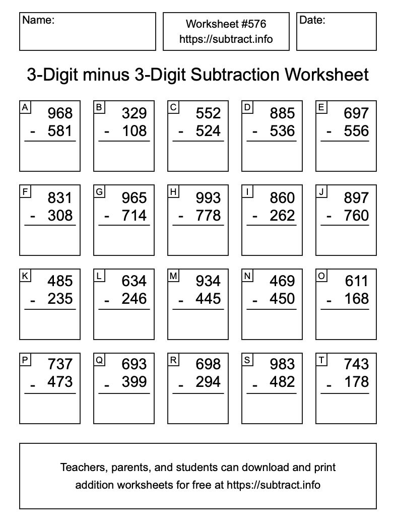 Subtraction Worksheet #576 (3-Digit minus 3-Digit)