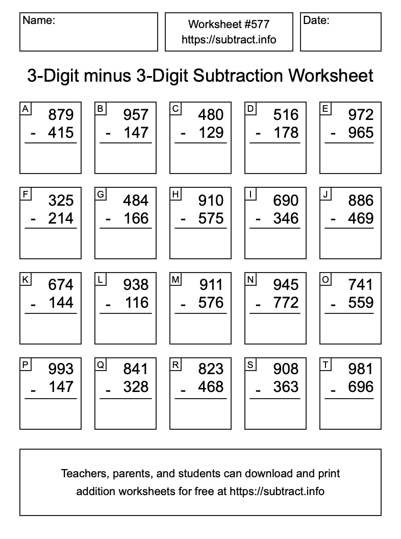 Subtraction Worksheet #577 (3-Digit minus 3-Digit)