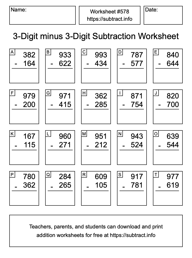 Subtraction Worksheet #578 (3-Digit minus 3-Digit)