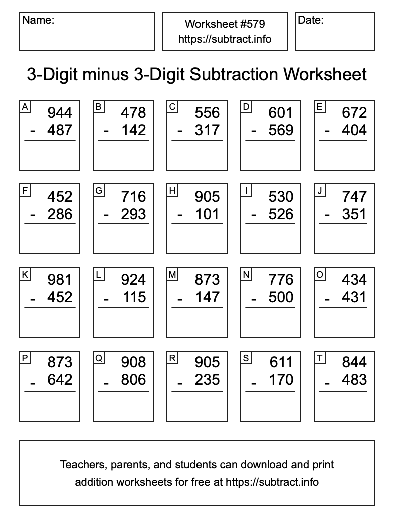 Subtraction Worksheet #579 (3-Digit minus 3-Digit)