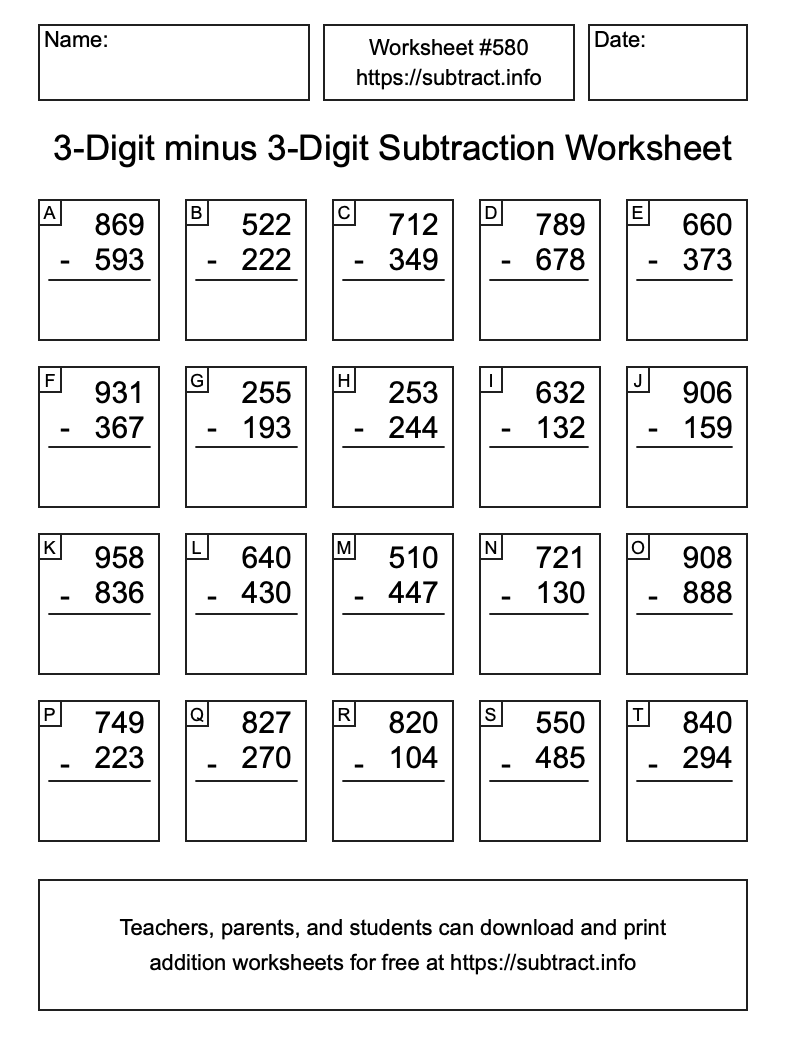 Subtraction Worksheet #580 (3-Digit minus 3-Digit)