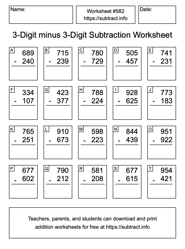 Subtraction Worksheet #582 (3-Digit minus 3-Digit)