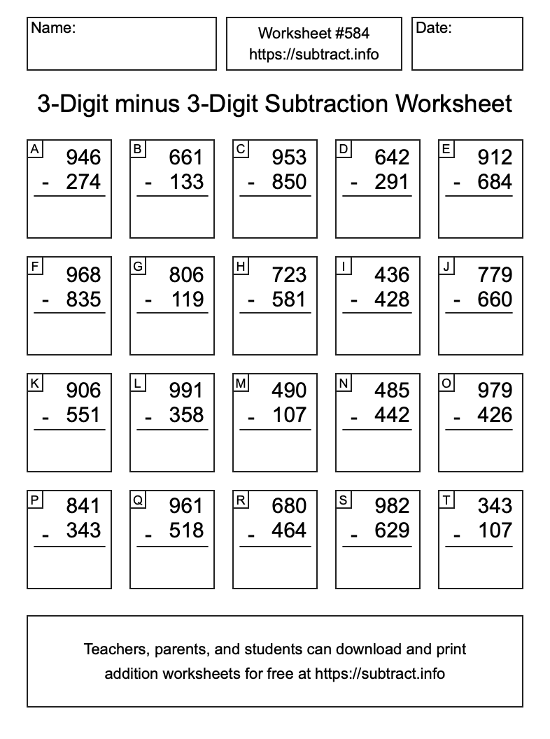 Subtraction Worksheet #584 (3-Digit minus 3-Digit)