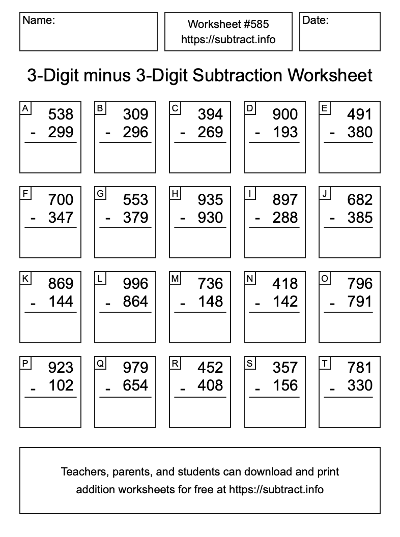Subtraction Worksheet #585 (3-Digit minus 3-Digit)