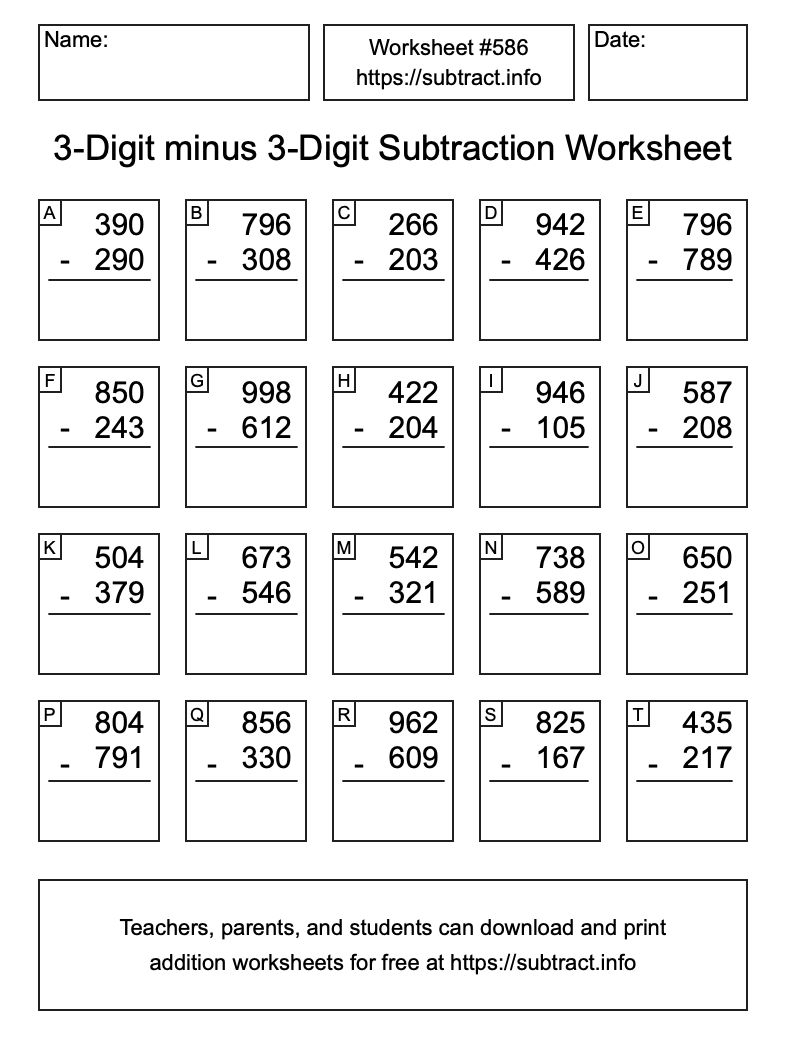 Subtraction Worksheet #586 (3-Digit minus 3-Digit)
