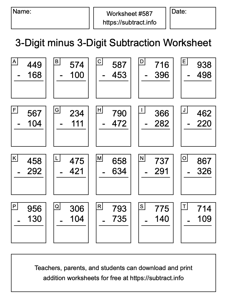 Subtraction Worksheet #587 (3-Digit minus 3-Digit)