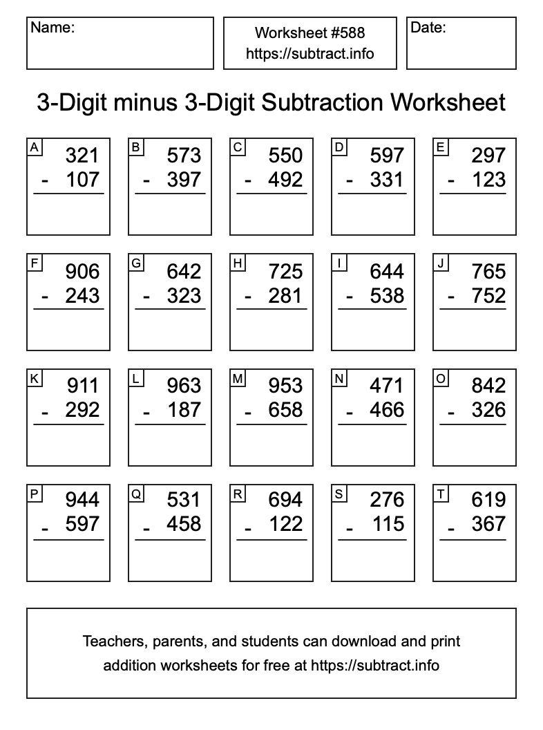 Subtraction Worksheet #588 (3-Digit minus 3-Digit)