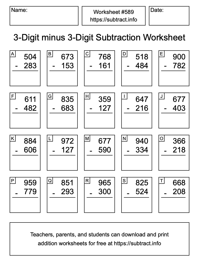 Subtraction Worksheet #589 (3-Digit minus 3-Digit)