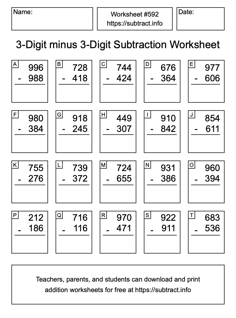 Subtraction Worksheet #592 (3-Digit minus 3-Digit)