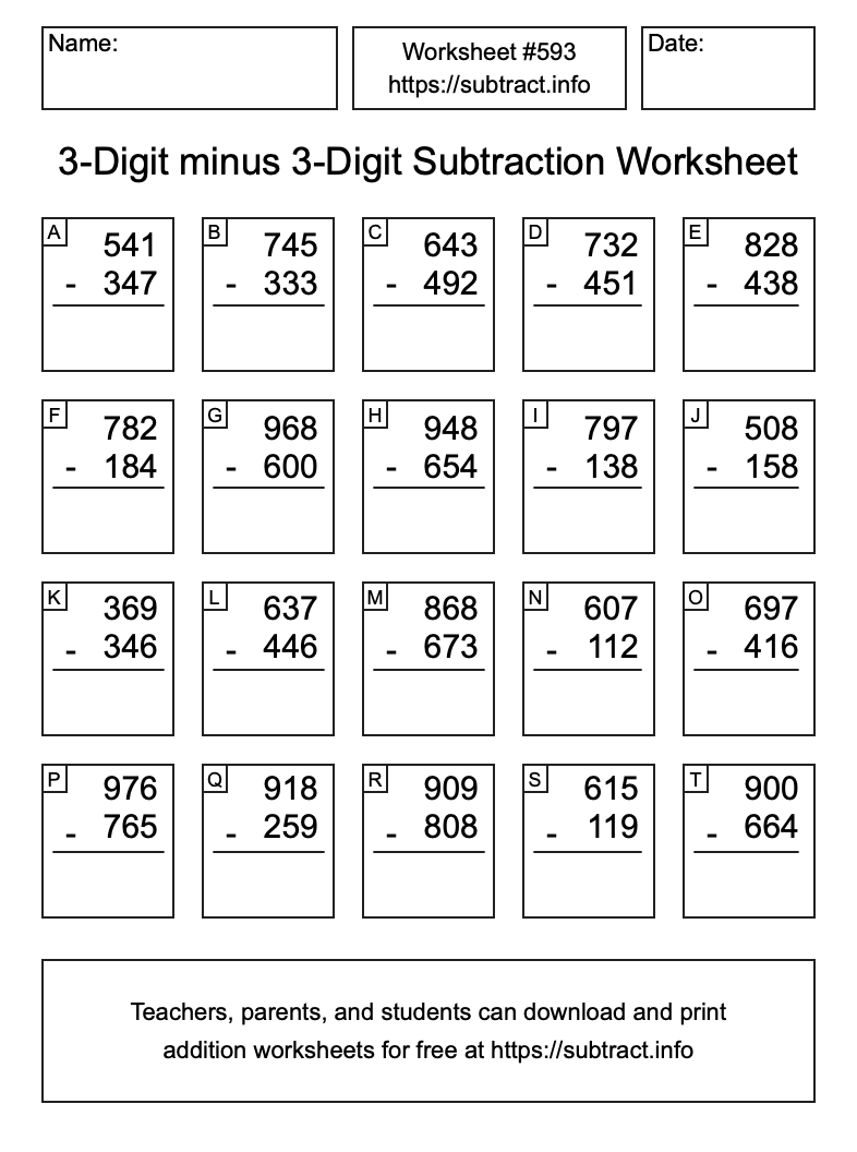 Subtraction Worksheet #593 (3-Digit minus 3-Digit)